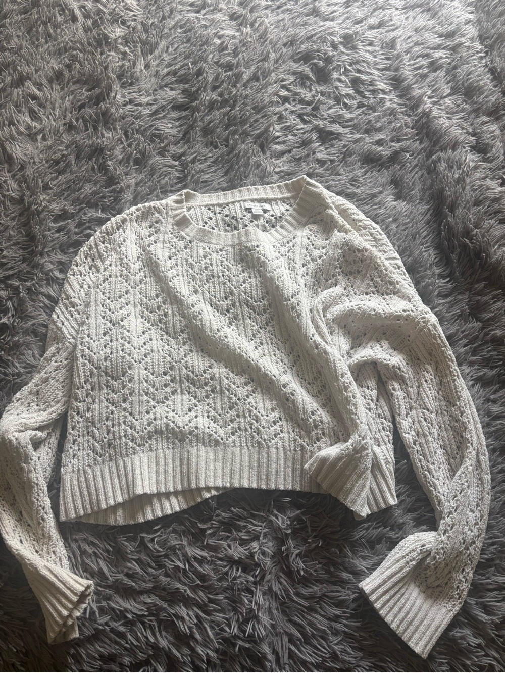 American Eagle Outfitters White Open-Knit Crewneck Sweater